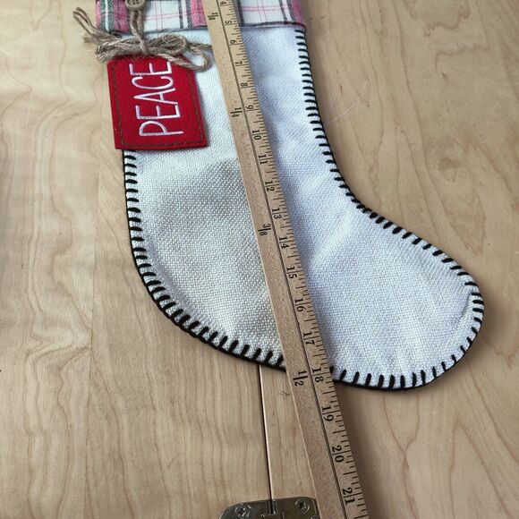 Hobby Lobby Xmas Stocking Peace Tag Country Rustic Stitched Button Red Plaid 18" - Picture 5 of 5